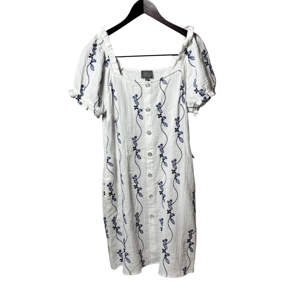 NWT Women’s White Cotton Embroidered Puff Sleeve Cottagecore Midi Dress - Picture 2 of 9